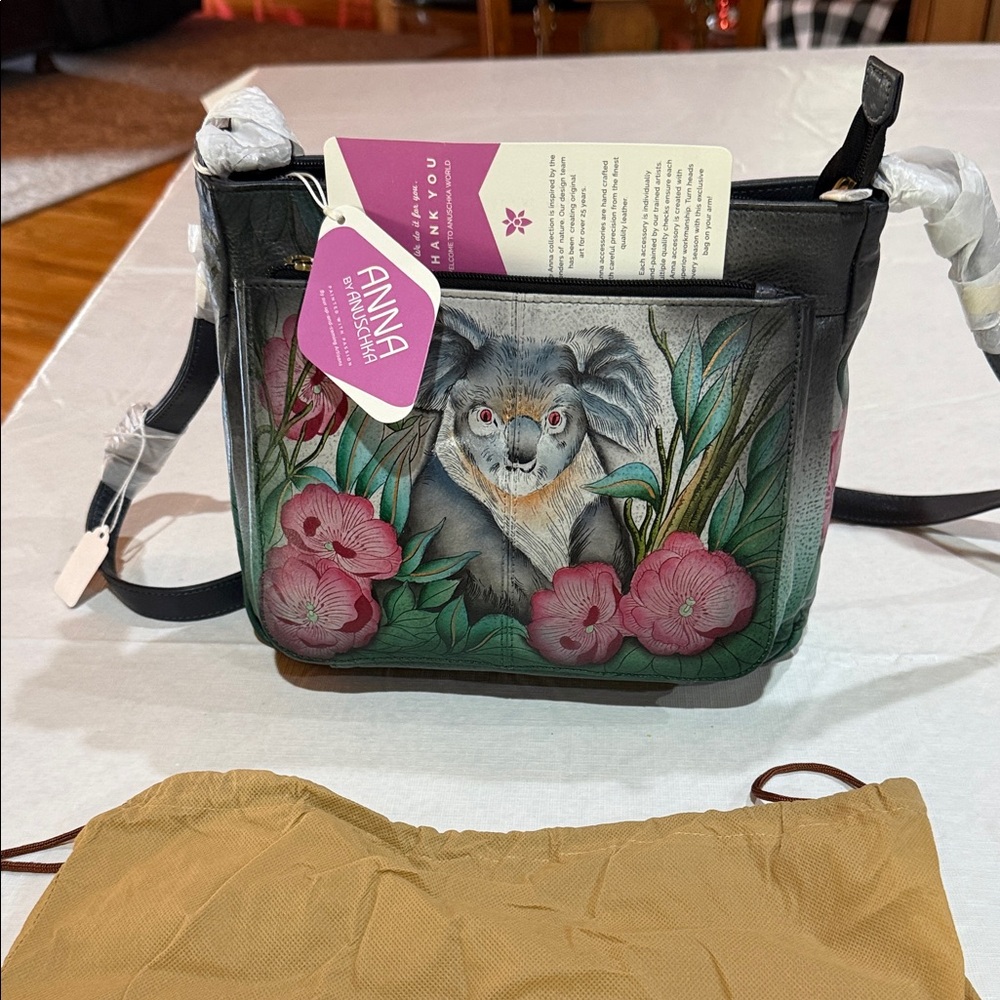 ANUSCHKA Black Leather Crossbody Bag with Koala & Pink Floral Artwork